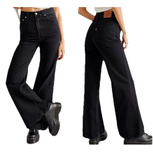 Levi's Premium Womens Sz 31 High Loose Flare Leg Trainwreck Black Denim Jeans - Picture 1 of 12